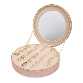 Bo&icirc;te &agrave; bagues ronde Charmin&#039;s avec pr&eacute;sentoir en cuir v&eacute;g&eacute;talien rose miroir 5553