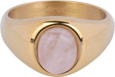 Charmin&#039;s Gold-colored Signet Ring with Oval Light-pink Rose Quartz Gemstone Steel R1269