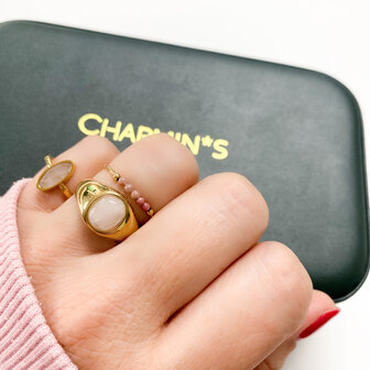 Charmin&#039;s Gold-Colored Oval Signet Ring with Jasper Rainforest Gemstone Steel R1209el R1219