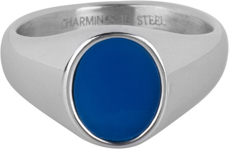 Charmin&#039;s Signet Ring with Flat Oval Synthetic Blue Gemstone Steel R1483n Staal R1479