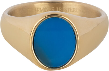 Charmin&#039;s Gold-Colored Signet Ring with Flat Oval Synthetic Blue Gemstone Steel R1484n Staal R1479