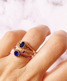 Charmin&#039;s Goudkleurige Ring Birthstone September Donkerblauwe Kristal Staal Iconic Vintage R1604