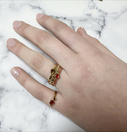 Charmin's Goudkleurige Ring met Rode Kristal Hartsteen Staal R1568 – Birthstone Januari